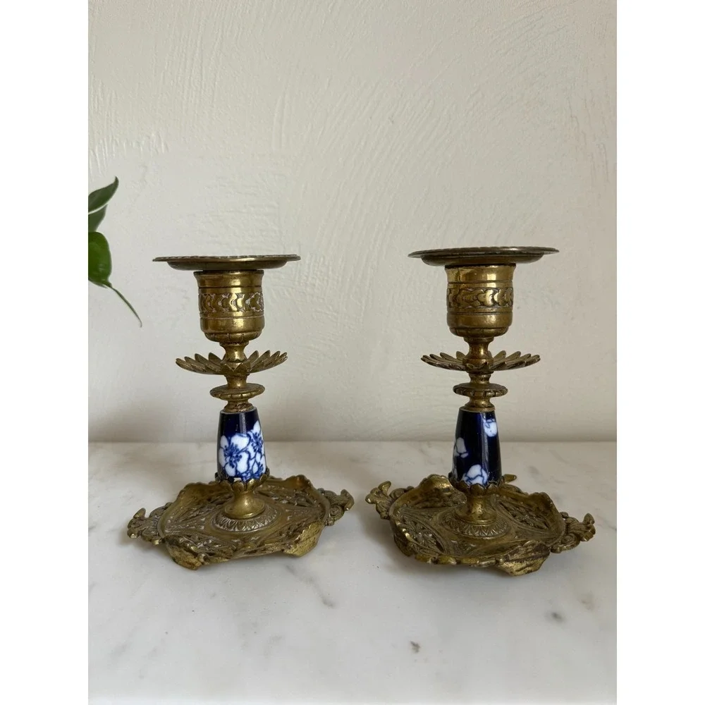 Antique Set Of Two English Aesthetic Movement Brass Candlesticks Ornate 5.5